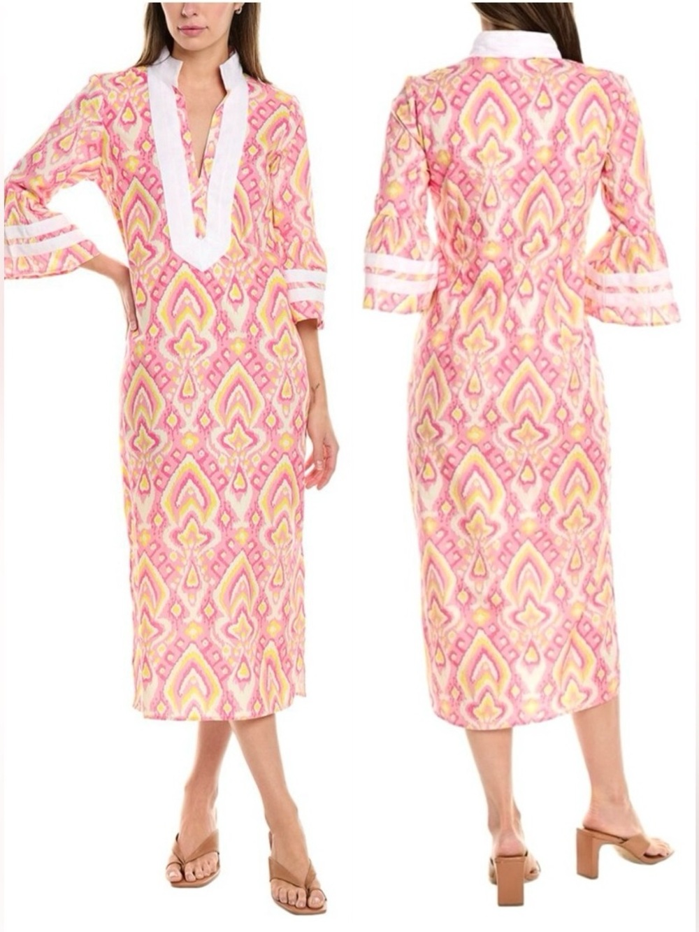 NWT Sail to Sable Coral Pink and Yellow Ikat Print Maxi Dress with White Trim